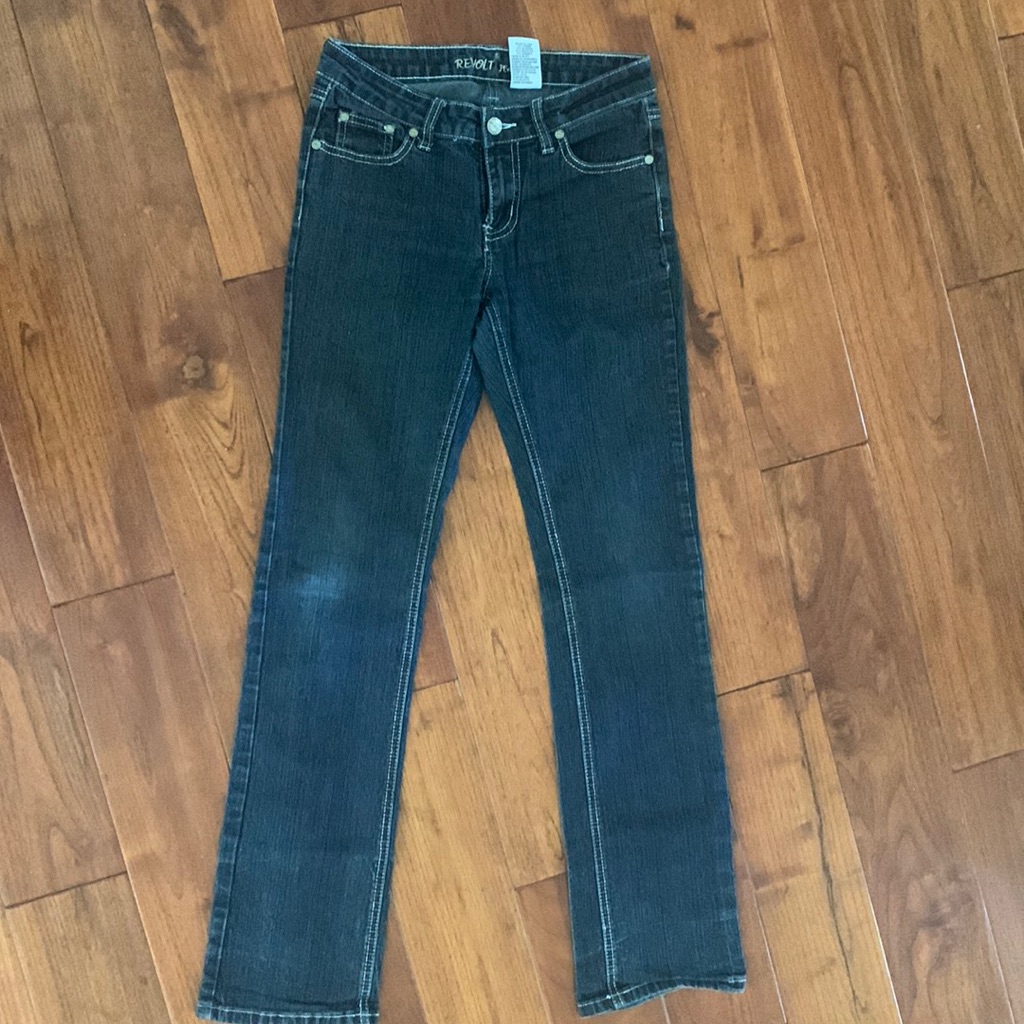 Revolt Straight Leg Jeans Size 5 Juniors Y2k Silver Top Stitching Mid-Rise Dark